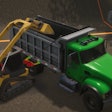 Simulated compact track loader emptying bucket into a dump truck