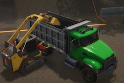 Simulated compact track loader emptying bucket into a dump truck
