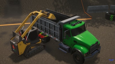 Simulated compact track loader emptying bucket into a dump truck