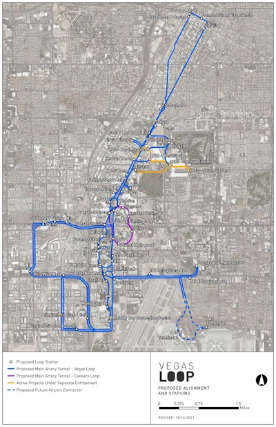 entire map of 34-mile Vegas Loop underground Tesla transportation tunnels and its stations