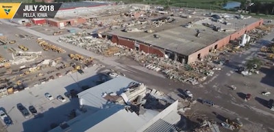 aerial view of tornado damage 2018 Vermeer campus Pella, Iowa buildings destroyed strewn debris