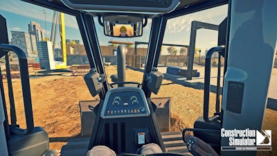 scene from Construction Simulator video game from inside the cab of equipment pushing dirt with bucket