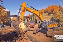 scene from Construction Simulator video game with Doosan excavator emptying dirt