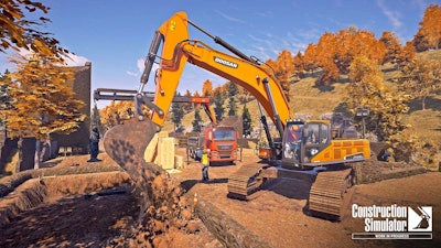 scene from Construction Simulator video game with Doosan excavator emptying dirt