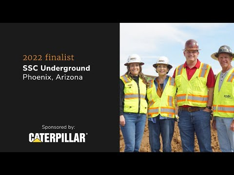 ssc underground employees in safety vests and hard hats with text reading 2022 finalist ssc underground phoenix, arizona, sponsored by caterpillar