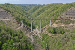 aerial view of 324-foot-high Pond Creek Bridge in Pike County Kentucky between rough hills over creek