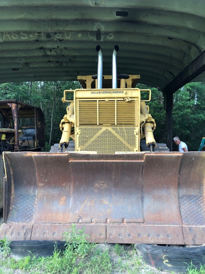 1972 Allis-Chalmers HD41 dozer front vertical photo of dozer under metal canopy