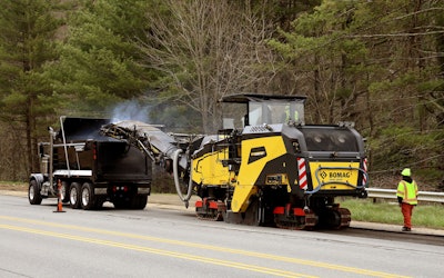 BOMAG BM 2200/65 Cold Planer dumping asphalt millings into back of dump truck