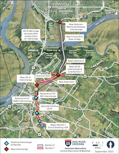 map of I-69 Ohio River Crossing project between Henderson, Kentucky and Evansville, Indiana