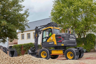 Volvo EWR130E wheeled excavator on dirt crushed rock bucket down