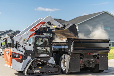 Bobcat T76 compact track loader emptying bucket into a dump truck