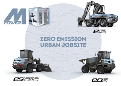 Mecalac graphic of four pirces of electric equipment for zero emission urban jobsite e12 excavator eD6 site dumper eS1000 swing loader M-Power mobile charging station