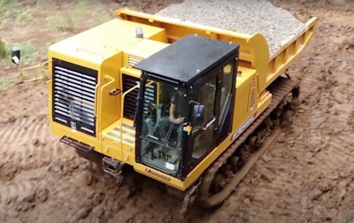 Morooka MST-4000VDR rotating crawler carrier view from above in mud hauling rock