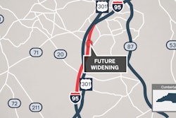 NCDOT map illustration showing red line marking future I-95 widening section