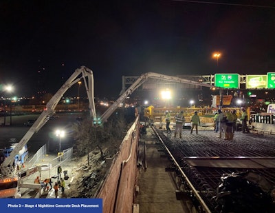 New Jersey DOT Paterson Bridge rehab workers apply concrete to bridge deck