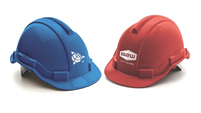 blue and red hard hats
