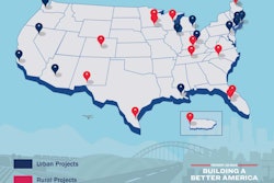 USDOT map showing locations of $1.5 billion INFRA grant recipients red markers rural projects blue markers urban projects