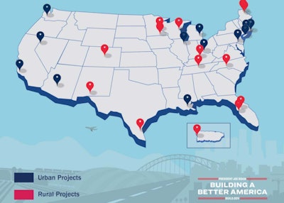USDOT map showing locations of $1.5 billion INFRA grant recipients red markers rural projects blue markers urban projects
