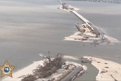 Hurricane Ian damage to Sanibel Causeway aerial view two washed-out sections
