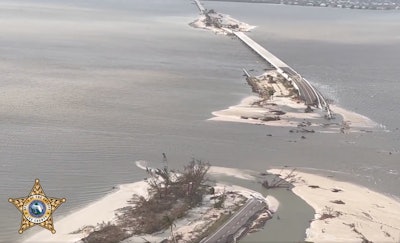 Hurricane Ian damage to Sanibel Causeway aerial view two washed-out sections