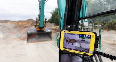 Leica Geosystems iCON site excavator in a Kobelco excavator cab