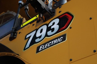 Cat 793 Electric logo closeup on prototype electric mining truck