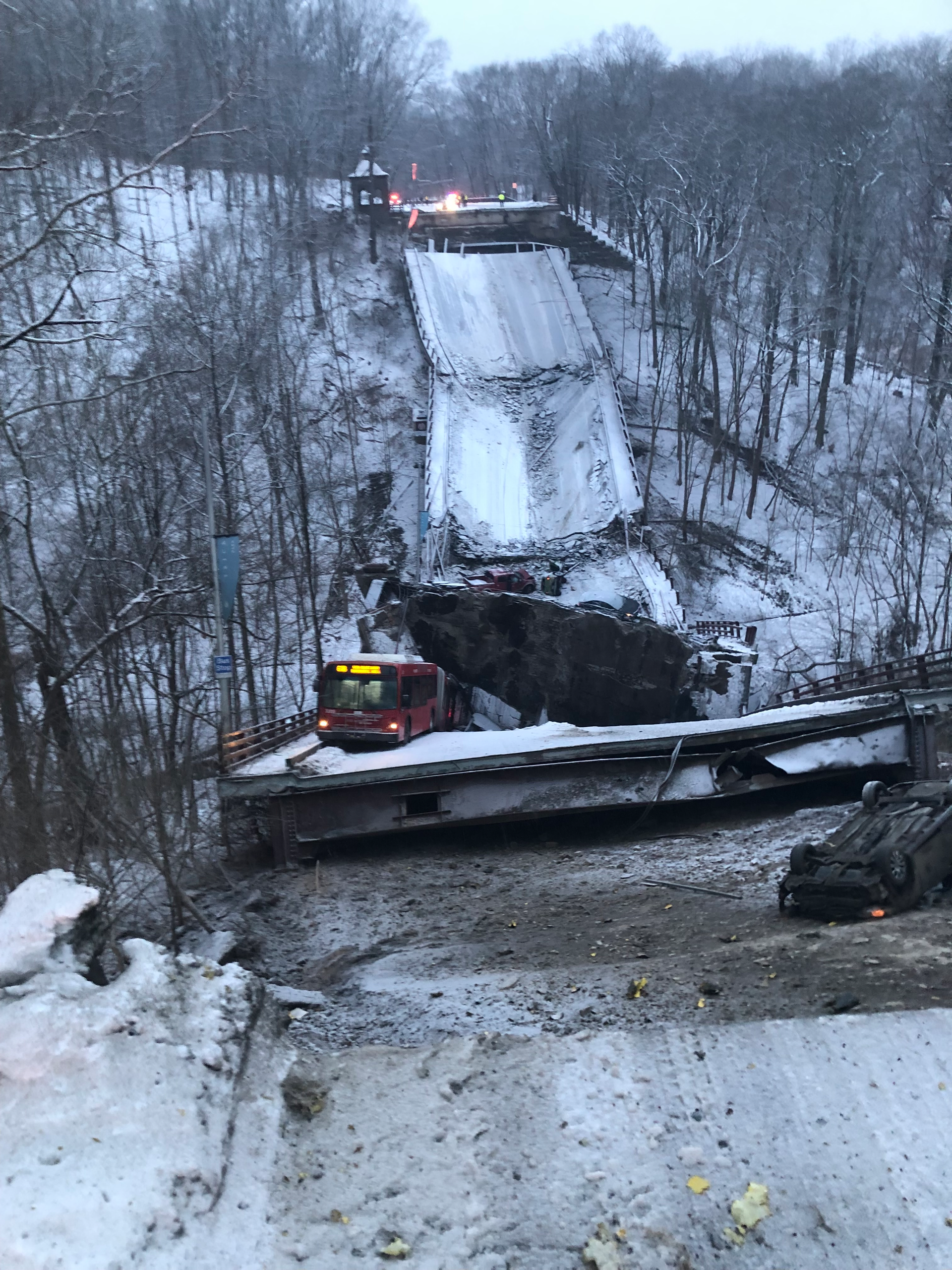 collapsed Fern hollow Bridge pittsburgh snow bus stuck