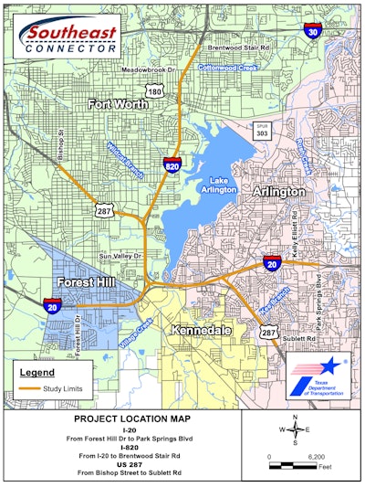 Map of the Southeast Connector project for Fort Worth Texas area