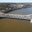 aerial shot of Brent Spence Bridge over Ohio River between Kentucky and Cincinnati