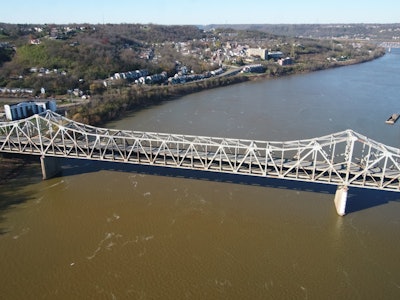 aerial shot of Brent Spence Bridge over Ohio River between Kentucky and Cincinnati