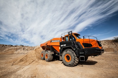 Doosan DA45 articulated dump truck in dirt quarry