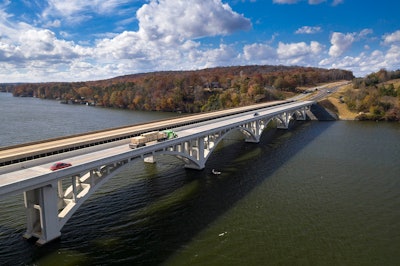 aerial view of rehabilitated Swift Island Arch Bridge on Lake Tillery in North Carolina