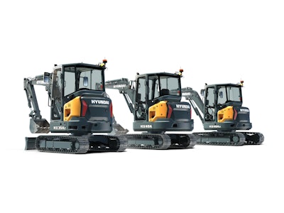 3 Hyundai HX Series compact excavators studio shot HX35Az, HX40A and HX48Az