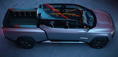 concept electric Ram 1500 Revolution pickup truck top view glass roof