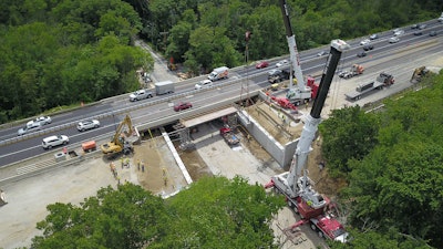 aerial view of bridge replacement construction on Massachusetts Turnpike