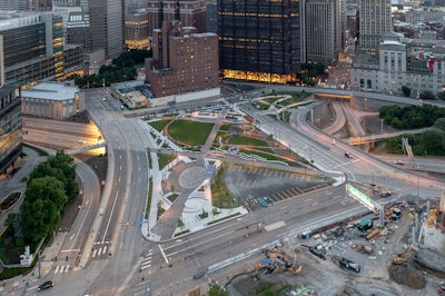 aerial view of completed Pittsburgh park built over I-579