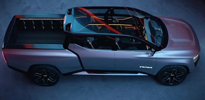 The electric Ram Revolution concept unveiled at CES last month looks much different from the Ram REV pickup revealed last Sunday during Super Bowl LVII.