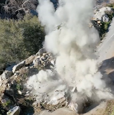 aerial shot of boulder blast on State Route 178 at Kern Canyon California