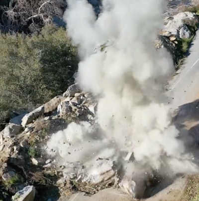 aerial shot of boulder blast on State Route 178 at Kern Canyon California