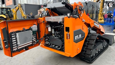 rear of Develon DTL35 compact track loader with engine compartment open