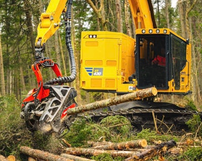 Komatsu XT430-5 tracked harvester cutting log in woods