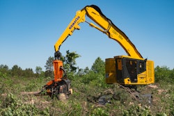 Komatsu XT445L-5 Tracked Harvester picking up log in clearcut area