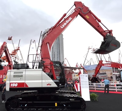 Link-Belt 190 X4S excavator on display at ConExpo 2023 with arm and bucket raised