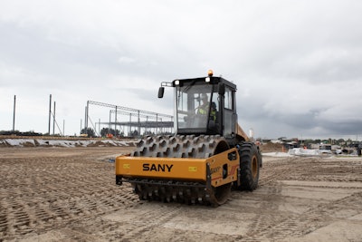 SANY SSR120HT single-drum soil Roller parked on compacted soil on construction site