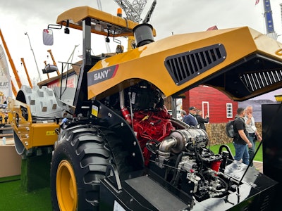 Sany SSR120HT single-drum soil compactor on display at ConExpo with engine compartment open