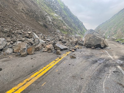 boulders rocks blocking State Route 178 Kern Canyon California
