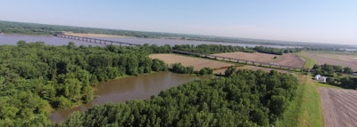 aerial shot I-270 chain of rocks bridge over mississippi river between missouri and illinois