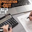 person using a calculator while filling out tax forms with text that reads bonus depreciation phaseout tax advice for contractors episode 112 the dirt