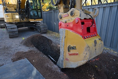 Rodradar excavator bucket with ground penetrating radar digs trench