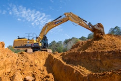 Sany SY385C excavator digging on dirt hill